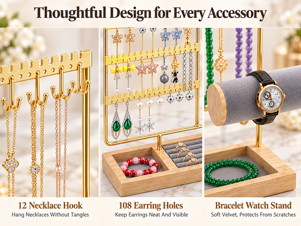 HASTHIP 4-Tier Jewelry Organizer Stand with 48 Earring Holes, 6 Hooks and White Wooden Storage Box