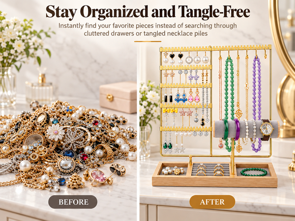 HASTHIP 4-Tier Jewelry Organizer Stand with 48 Earring Holes, 6 Hooks and White Wooden Storage Box
