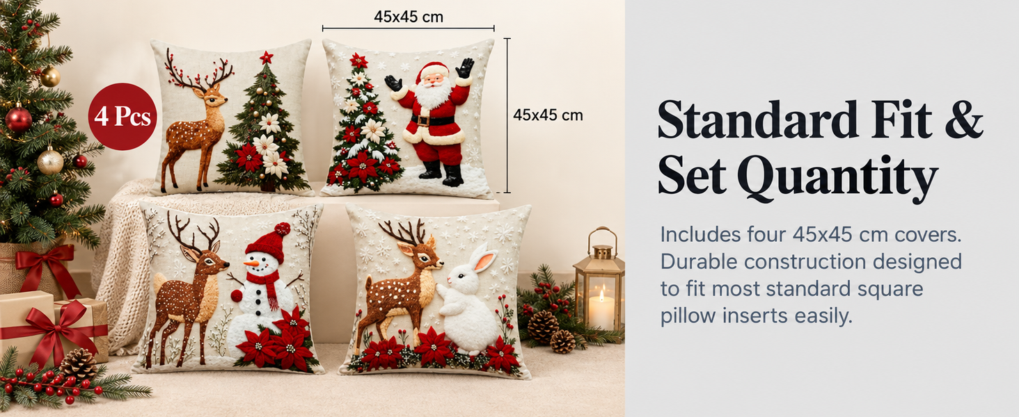 HASTHIP Christmas Cushion Covers, Set of 4, 45 x 45 cm, with Reindeer, Santa and Snowman Prints