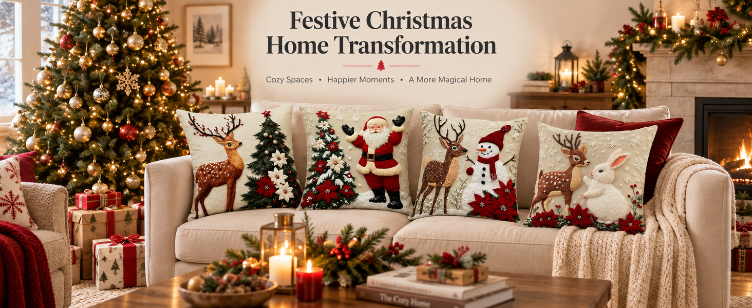 HASTHIP Christmas Cushion Covers, Set of 4, 45 x 45 cm, with Reindeer, Santa and Snowman Prints