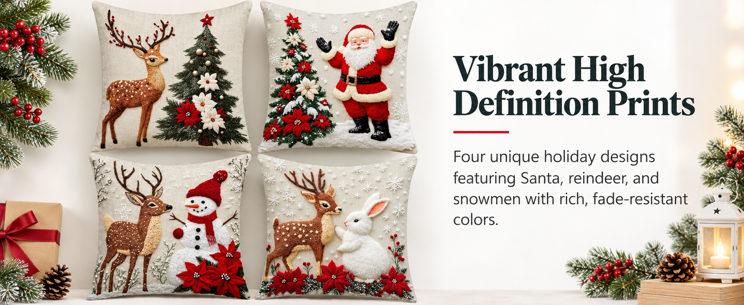 HASTHIP Christmas Cushion Covers, Set of 4, 45 x 45 cm, with Reindeer, Santa and Snowman Prints