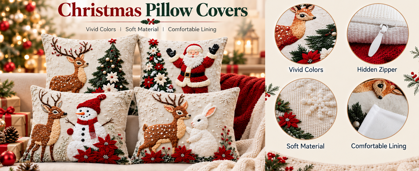 HASTHIP Christmas Cushion Covers, Set of 4, 45 x 45 cm, with Reindeer, Santa and Snowman Prints