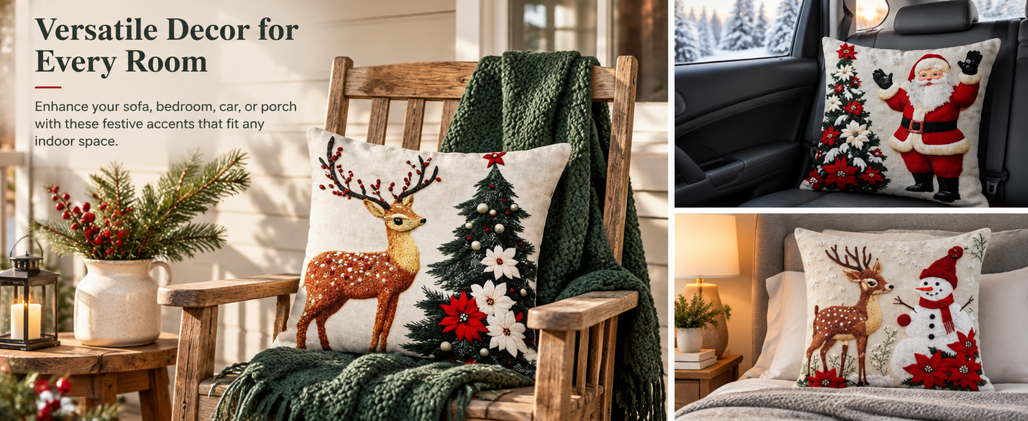 HASTHIP Christmas Cushion Covers, Set of 4, 45 x 45 cm, with Reindeer, Santa and Snowman Prints