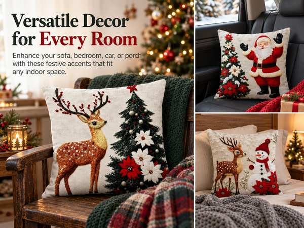 HASTHIP Christmas Cushion Covers, Set of 4, 45 x 45 cm, with Reindeer, Santa and Snowman Prints