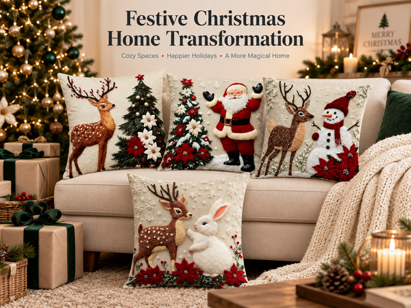 HASTHIP Christmas Cushion Covers, Set of 4, 45 x 45 cm, with Reindeer, Santa and Snowman Prints