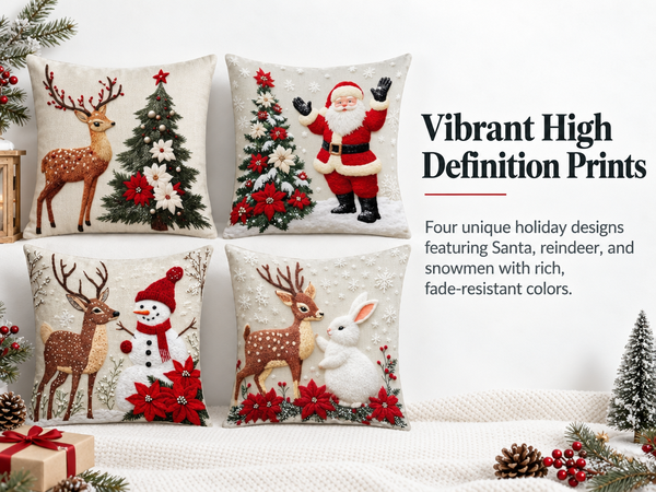 HASTHIP Christmas Cushion Covers, Set of 4, 45 x 45 cm, with Reindeer, Santa and Snowman Prints