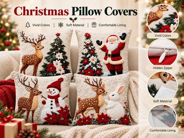 HASTHIP Christmas Cushion Covers, Set of 4, 45 x 45 cm, with Reindeer, Santa and Snowman Prints