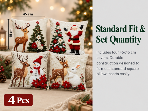 HASTHIP Christmas Cushion Covers, Set of 4, 45 x 45 cm, with Reindeer, Santa and Snowman Prints