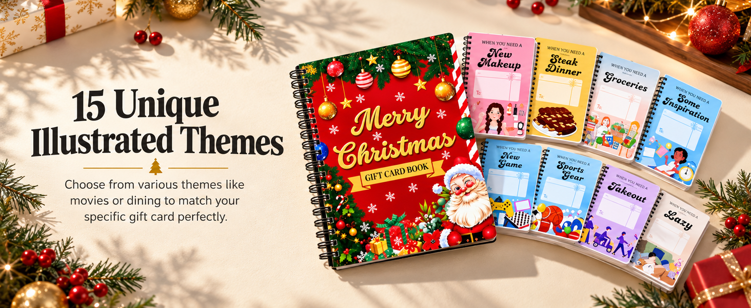 HASTHIP Christmas Gift Card Book, Spiral Bound with 16 Themed Pages, 5x7 Inch Size for DIY Holiday Gifting