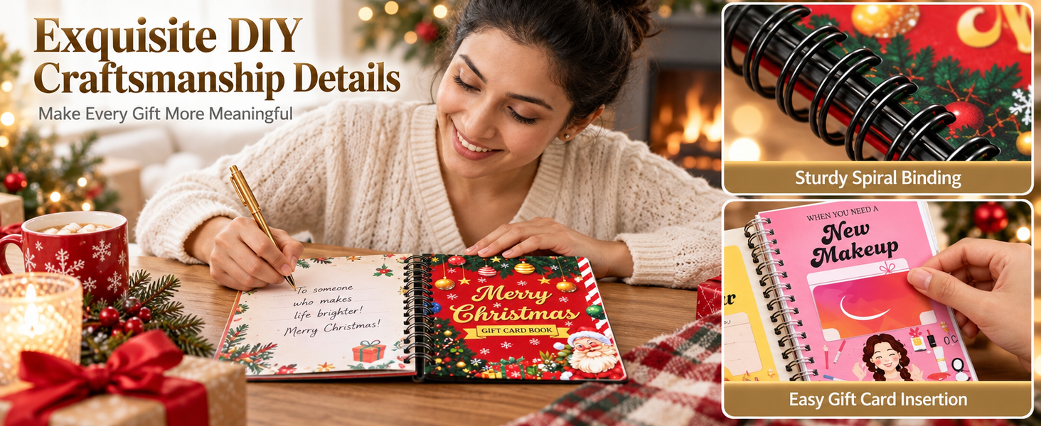HASTHIP Christmas Gift Card Book, Spiral Bound with 16 Themed Pages, 5x7 Inch Size for DIY Holiday Gifting