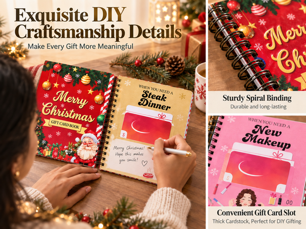 HASTHIP Christmas Gift Card Book, Spiral Bound with 16 Themed Pages, 5x7 Inch Size for DIY Holiday Gifting