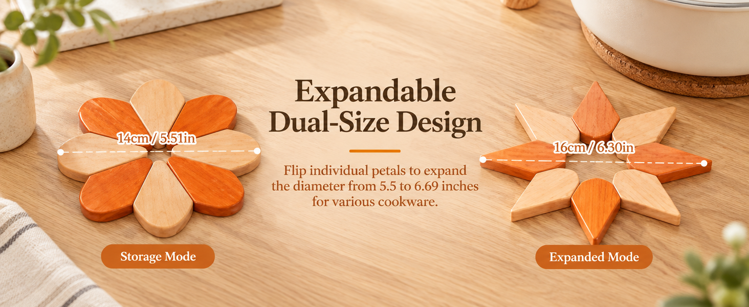 HASTHIP Sunflower Wooden Trivet Set with Expandable Petal Hot Pads in Solid Rubberwood