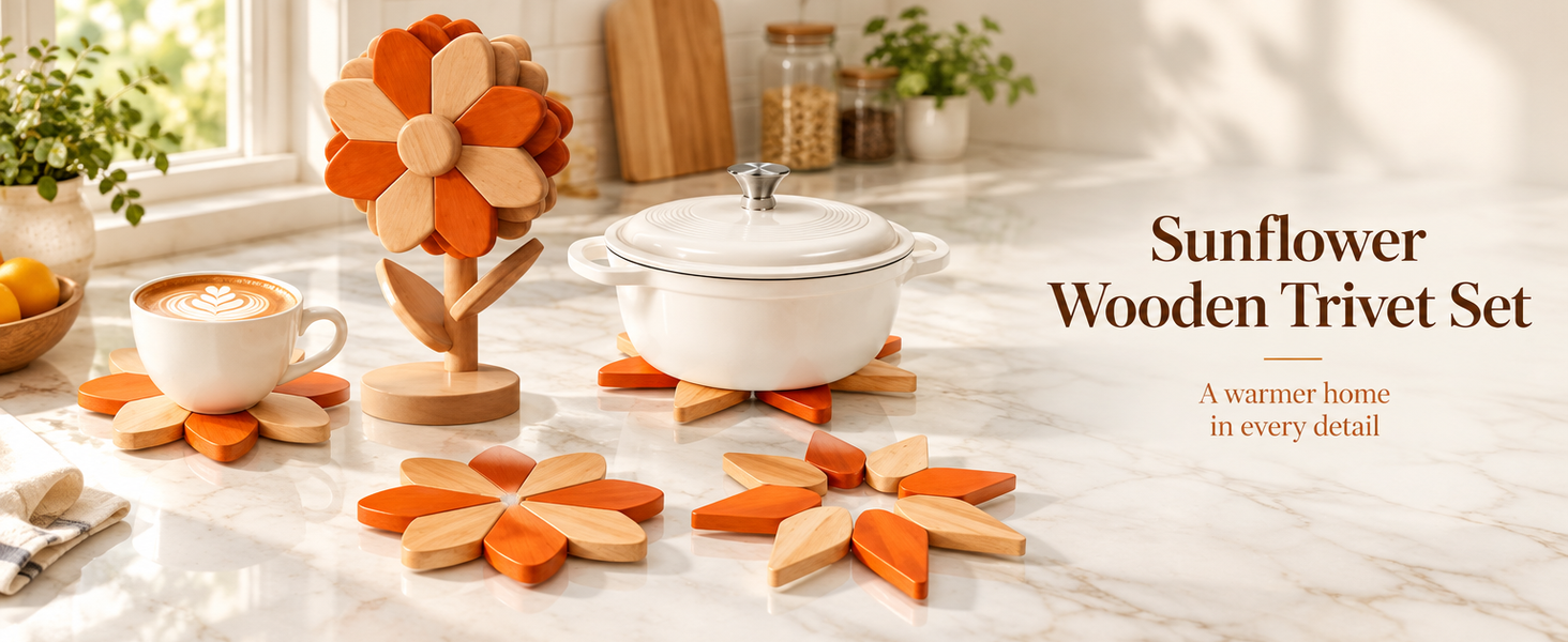 HASTHIP Sunflower Wooden Trivet Set with Expandable Petal Hot Pads in Solid Rubberwood