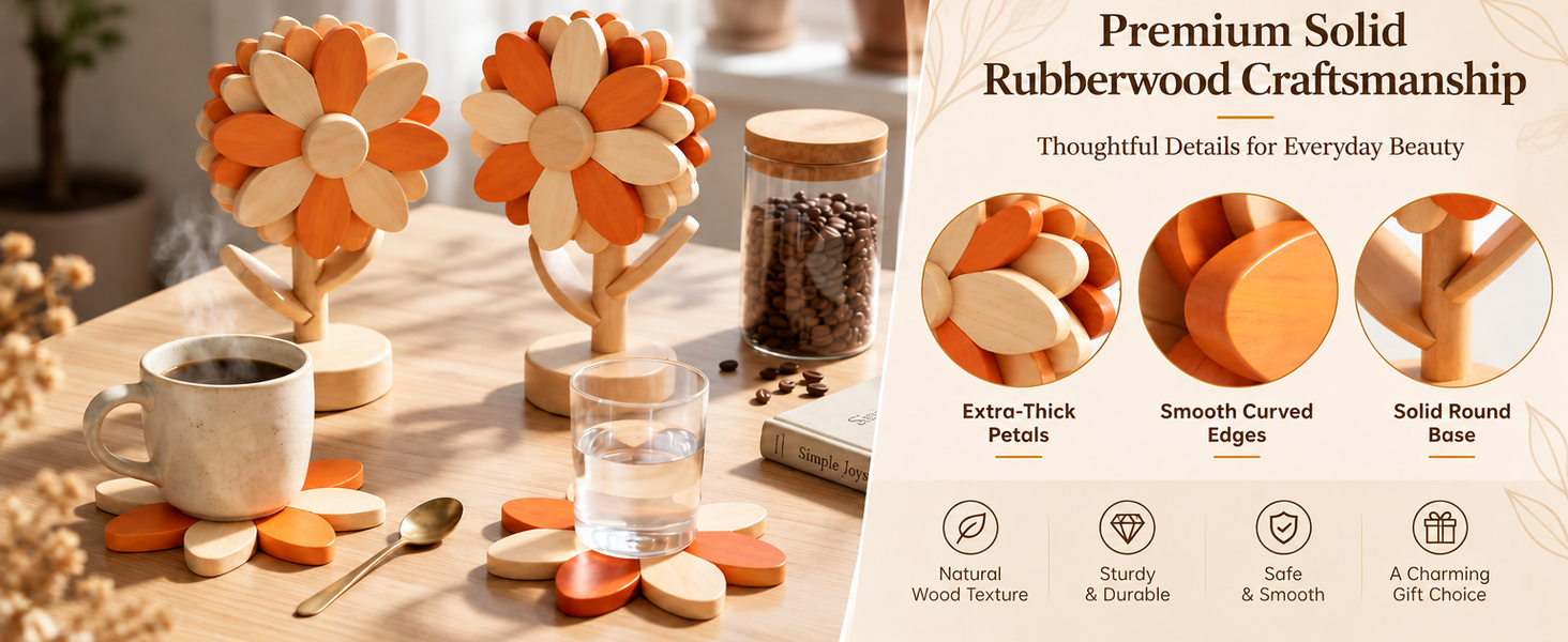HASTHIP Sunflower Wooden Trivet Set with Expandable Petal Hot Pads in Solid Rubberwood