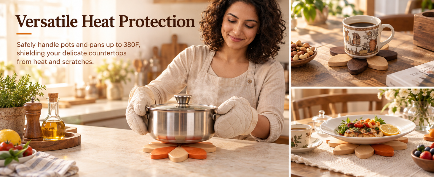 HASTHIP Sunflower Wooden Trivet Set with Expandable Petal Hot Pads in Solid Rubberwood