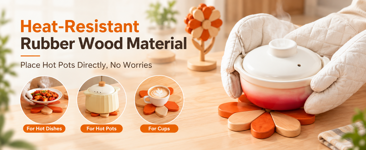 HASTHIP Sunflower Wooden Trivet Set with Expandable Petal Hot Pads in Solid Rubberwood