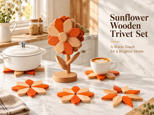 HASTHIP Sunflower Wooden Trivet Set with Expandable Petal Hot Pads in Solid Rubberwood