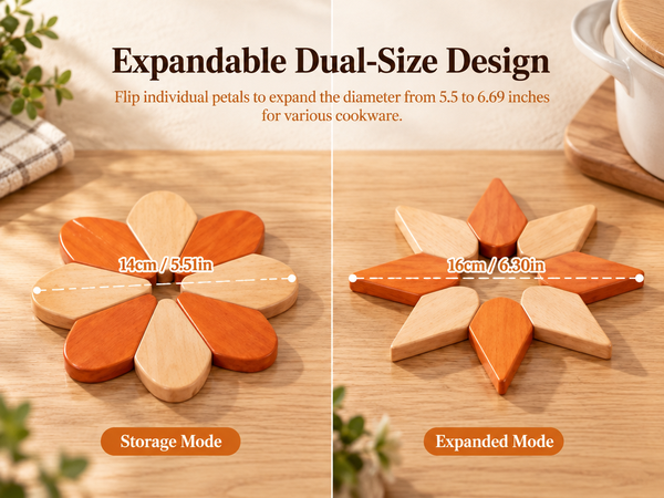 HASTHIP Sunflower Wooden Trivet Set with Expandable Petal Hot Pads in Solid Rubberwood