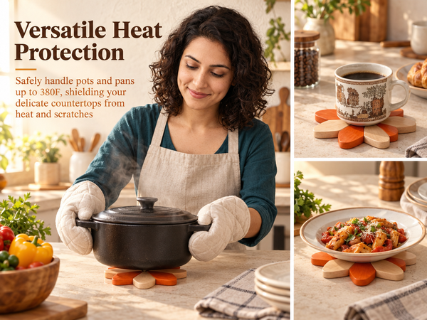 HASTHIP Sunflower Wooden Trivet Set with Expandable Petal Hot Pads in Solid Rubberwood