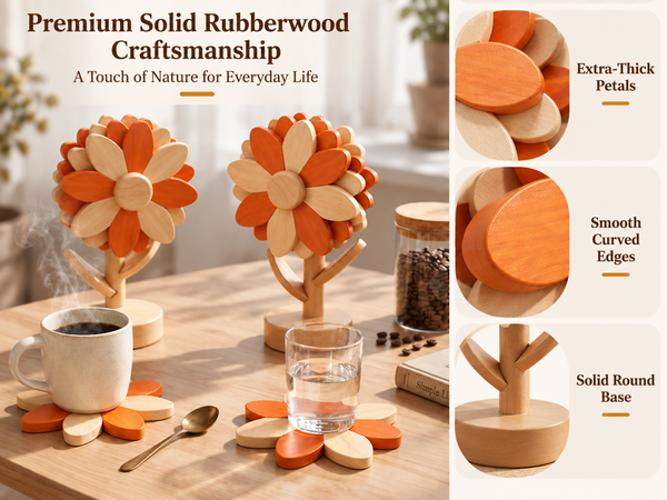 HASTHIP Sunflower Wooden Trivet Set with Expandable Petal Hot Pads in Solid Rubberwood