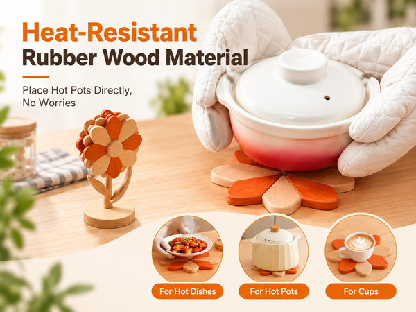 HASTHIP Sunflower Wooden Trivet Set with Expandable Petal Hot Pads in Solid Rubberwood
