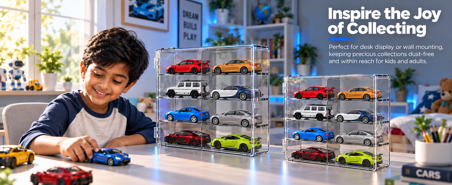 HASTHIP 8-Slot Grey Transparent Car Display Case for 1/64 Scale Cars, Stackable and Wall-Mountable