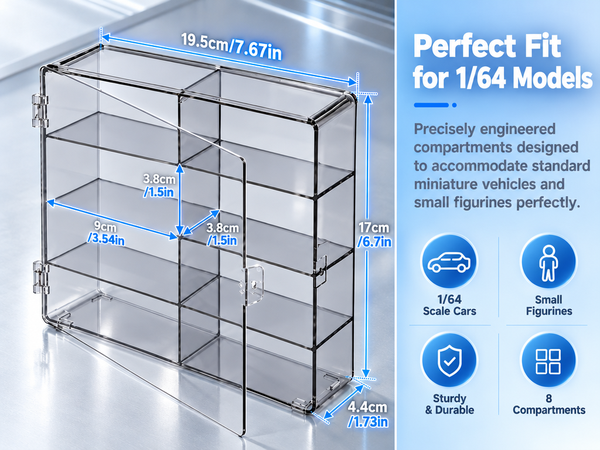 HASTHIP 8-Slot Grey Transparent Car Display Case for 1/64 Scale Cars, Stackable and Wall-Mountable