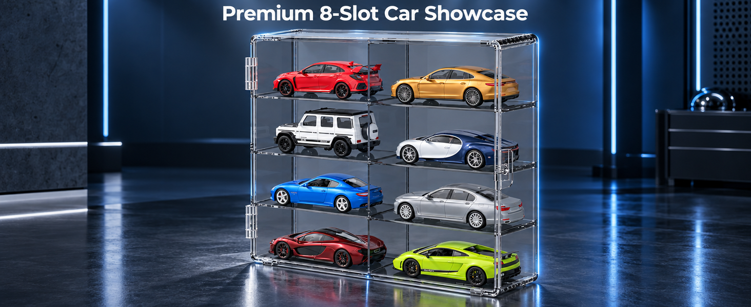 HASTHIP 8-Slot Grey Transparent Car Display Case for 1/64 Scale Cars, Stackable and Wall-Mountable