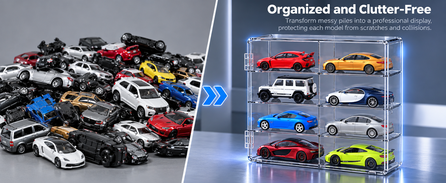 HASTHIP 8-Slot Grey Transparent Car Display Case for 1/64 Scale Cars, Stackable and Wall-Mountable