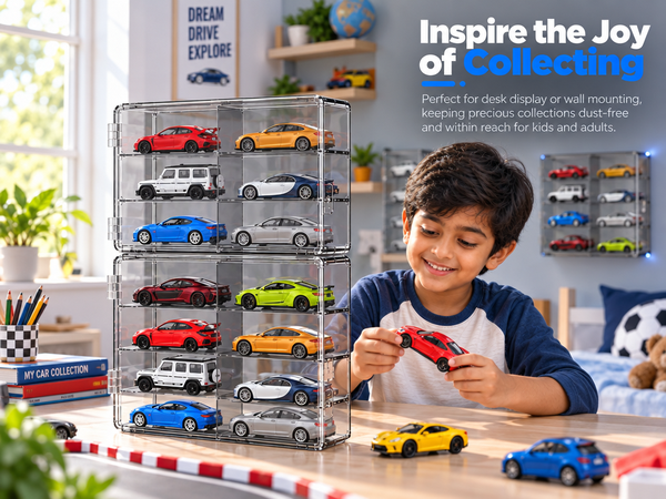 HASTHIP 8-Slot Grey Transparent Car Display Case for 1/64 Scale Cars, Stackable and Wall-Mountable