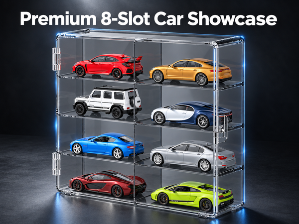 HASTHIP 8-Slot Grey Transparent Car Display Case for 1/64 Scale Cars, Stackable and Wall-Mountable