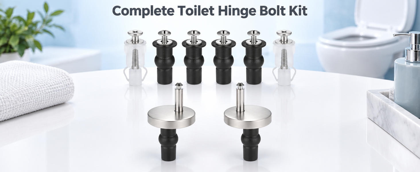 HASTHIP 6-Piece Toilet Seat Fixing Kit with Black Stainless Steel Hinges and Top-Fix Rubber Nuts