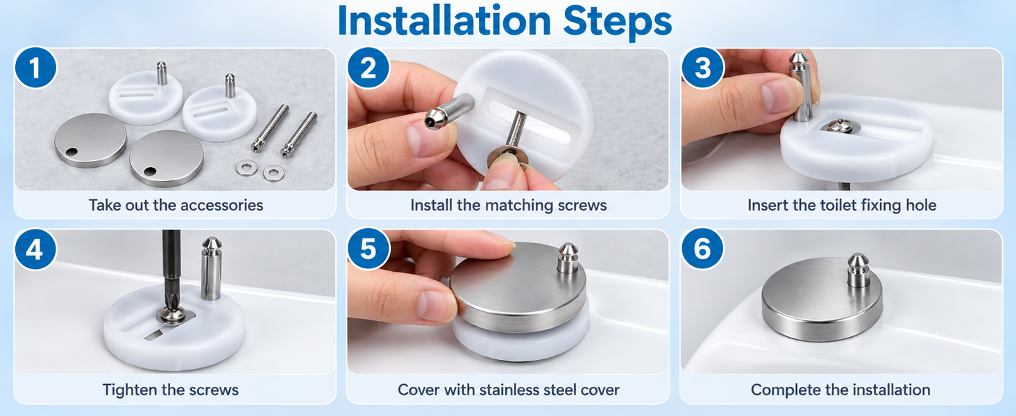 HASTHIP 6-Piece Toilet Seat Fixing Kit with Black Stainless Steel Hinges and Top-Fix Rubber Nuts