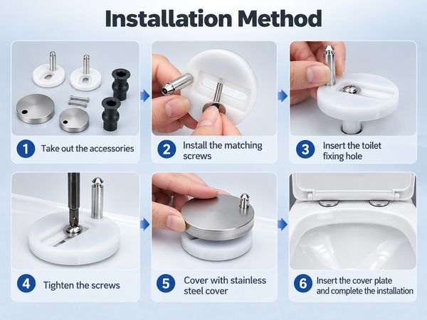 HASTHIP 6-Piece Toilet Seat Fixing Kit with Black Stainless Steel Hinges and Top-Fix Rubber Nuts
