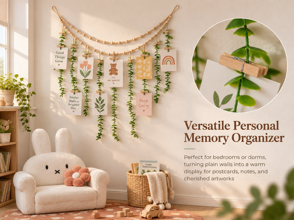 HASTHIP Boho Hanging Photo Display with Artificial Greenery, 20 Clips and Non-Marking Hooks