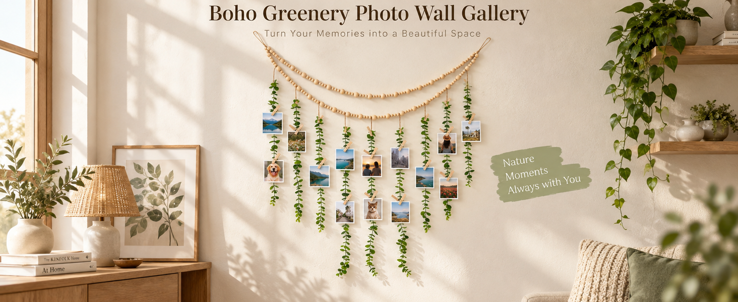 HASTHIP Boho Hanging Photo Display with Artificial Greenery, 20 Clips and Non-Marking Hooks