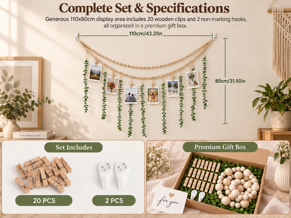 HASTHIP Boho Hanging Photo Display with Artificial Greenery, 20 Clips and Non-Marking Hooks