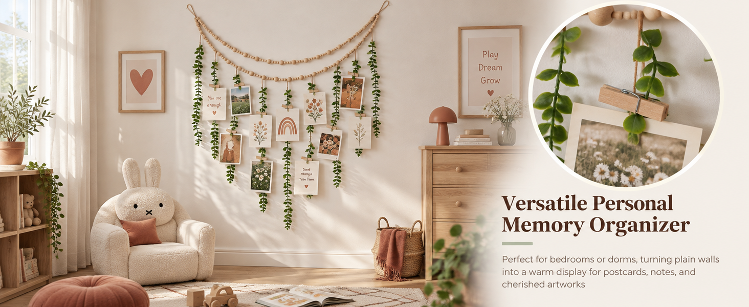 HASTHIP Boho Hanging Photo Display with Artificial Greenery, 20 Clips and Non-Marking Hooks