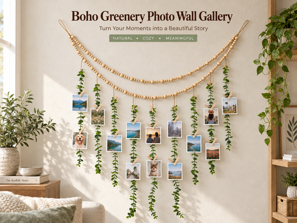 HASTHIP Boho Hanging Photo Display with Artificial Greenery, 20 Clips and Non-Marking Hooks