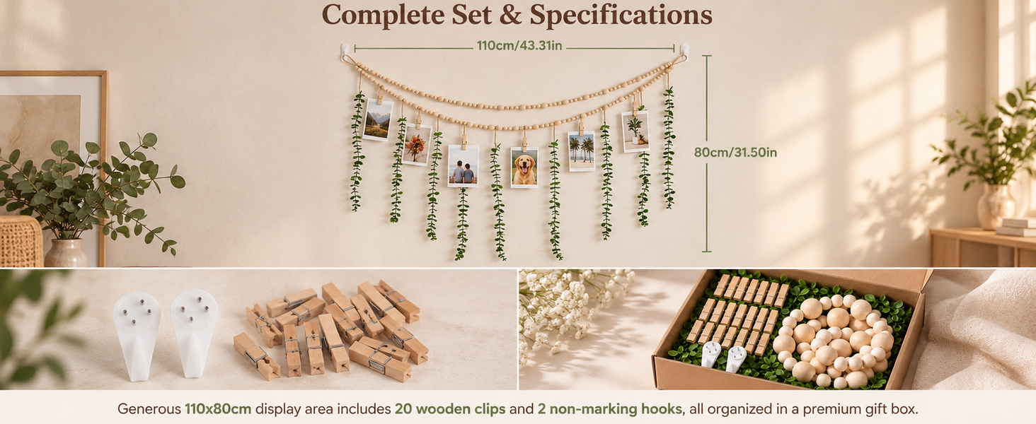 HASTHIP Boho Hanging Photo Display with Artificial Greenery, 20 Clips and Non-Marking Hooks