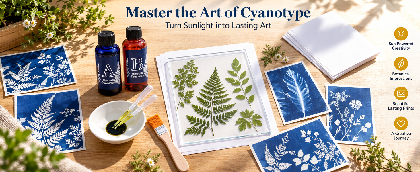 HASTHIP Cyanotype Kit with Two-Component Sensitizer, 20 A5 Sheets and Nature-Print Tools