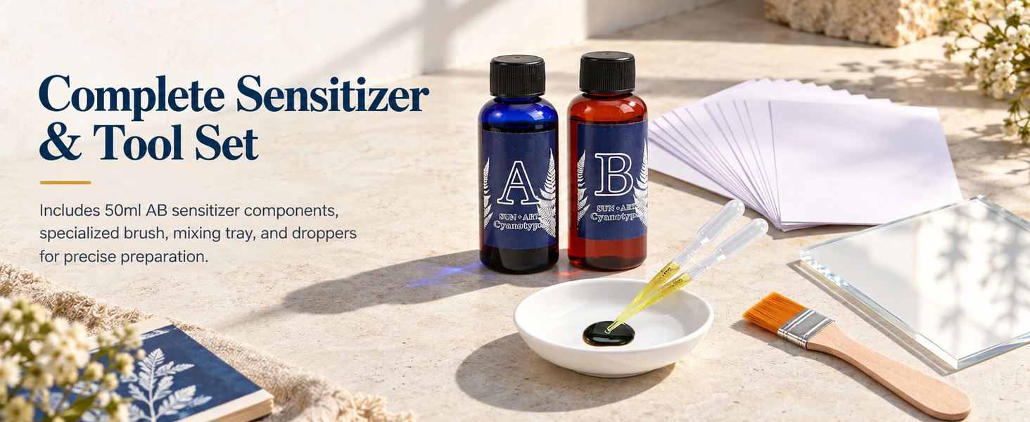 HASTHIP Cyanotype Kit with Two-Component Sensitizer, 20 A5 Sheets and Nature-Print Tools