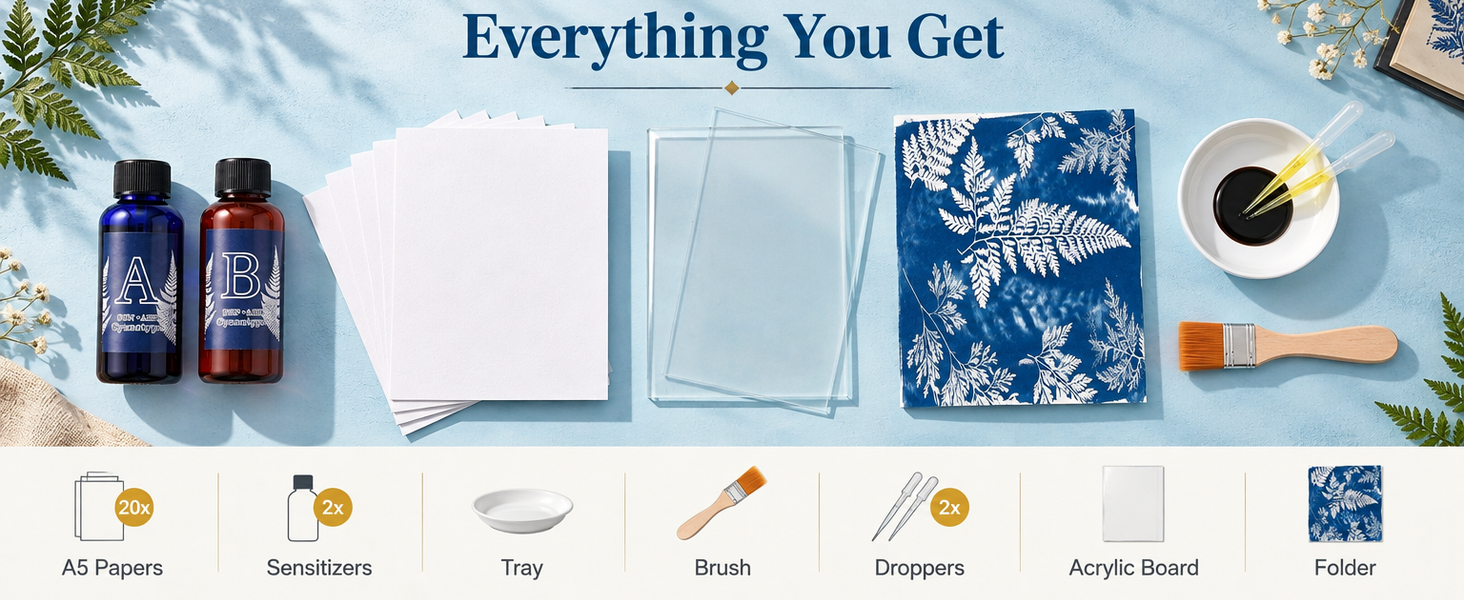 HASTHIP Cyanotype Kit with Two-Component Sensitizer, 20 A5 Sheets and Nature-Print Tools