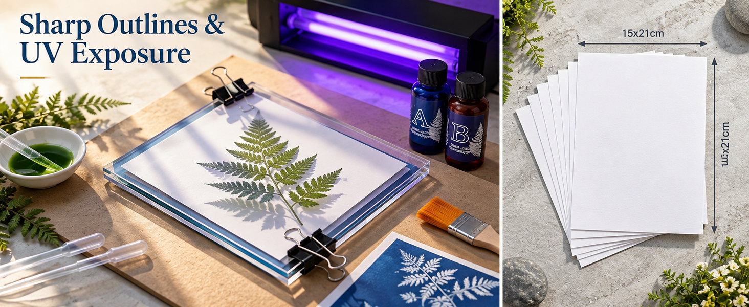 HASTHIP Cyanotype Kit with Two-Component Sensitizer, 20 A5 Sheets and Nature-Print Tools