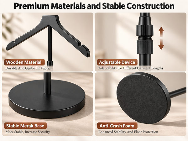 HASTHIP Adjustable Shirt Display Stand with Solid Wood Hanger and Weighted Round Metal Base