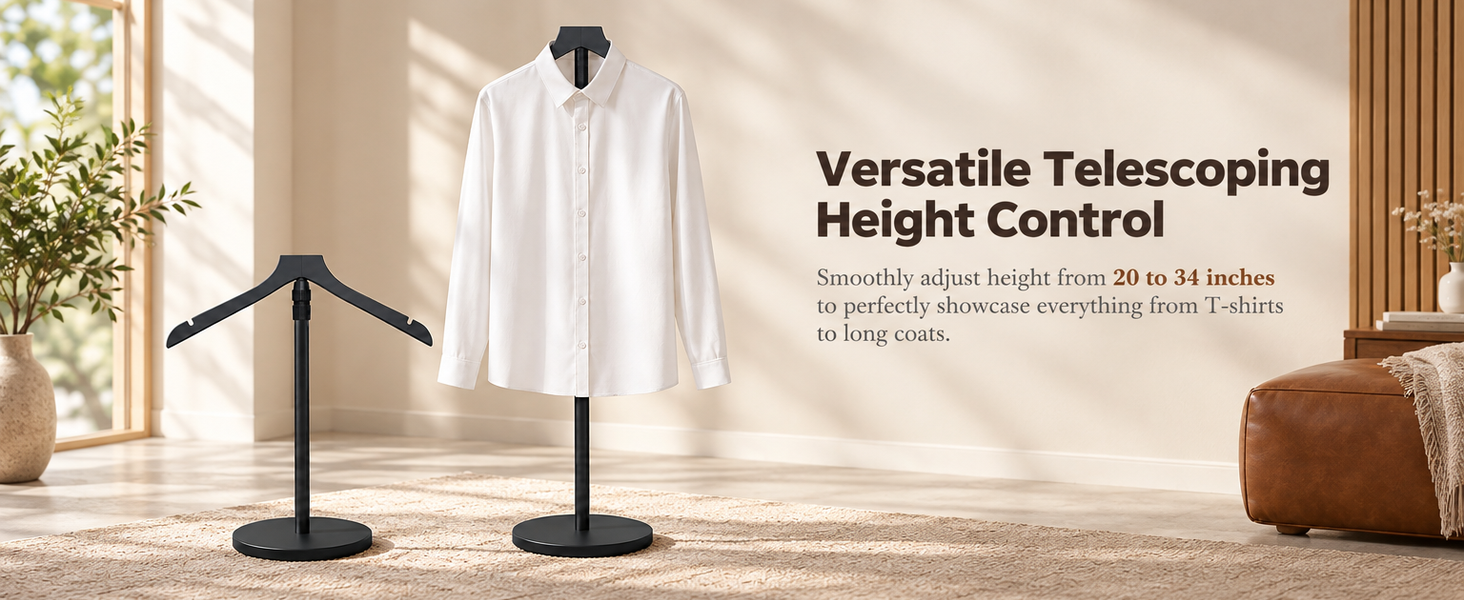 HASTHIP Adjustable Shirt Display Stand with Solid Wood Hanger and Weighted Round Metal Base