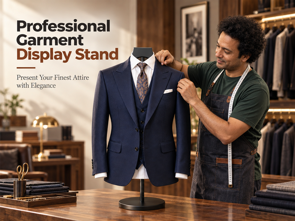 HASTHIP Adjustable Shirt Display Stand with Solid Wood Hanger and Weighted Round Metal Base