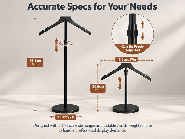 HASTHIP Adjustable Shirt Display Stand with Solid Wood Hanger and Weighted Round Metal Base