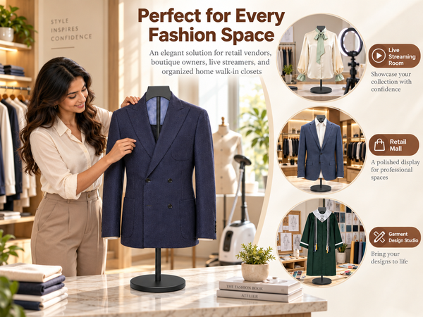 HASTHIP Adjustable Shirt Display Stand with Solid Wood Hanger and Weighted Round Metal Base