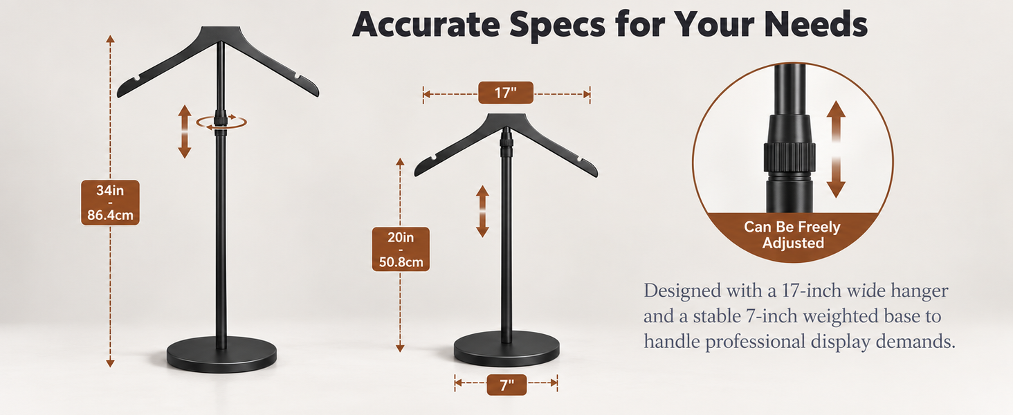 HASTHIP Adjustable Shirt Display Stand with Solid Wood Hanger and Weighted Round Metal Base
